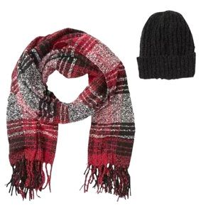 Steve Madden Ribbed Beanie + Brushed Plaid Scarf Set One Size Black + Red SOFT